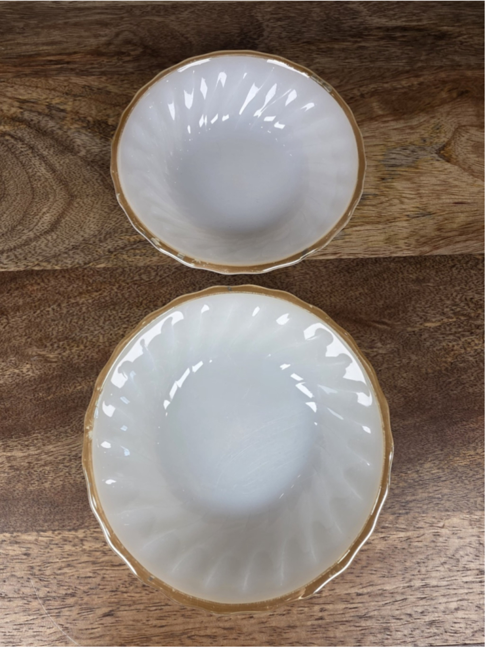 Vintage Anchor Hocking Fire-King Golden Shell Milk Glass 5" Bowls Gold Rim Set 2